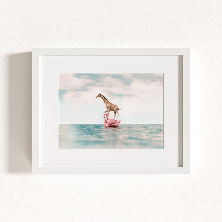 Giraffe Afloat a Flamingo
