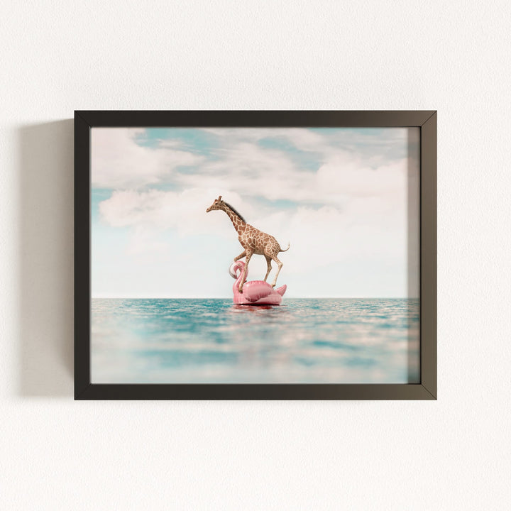Giraffe Afloat a Flamingo