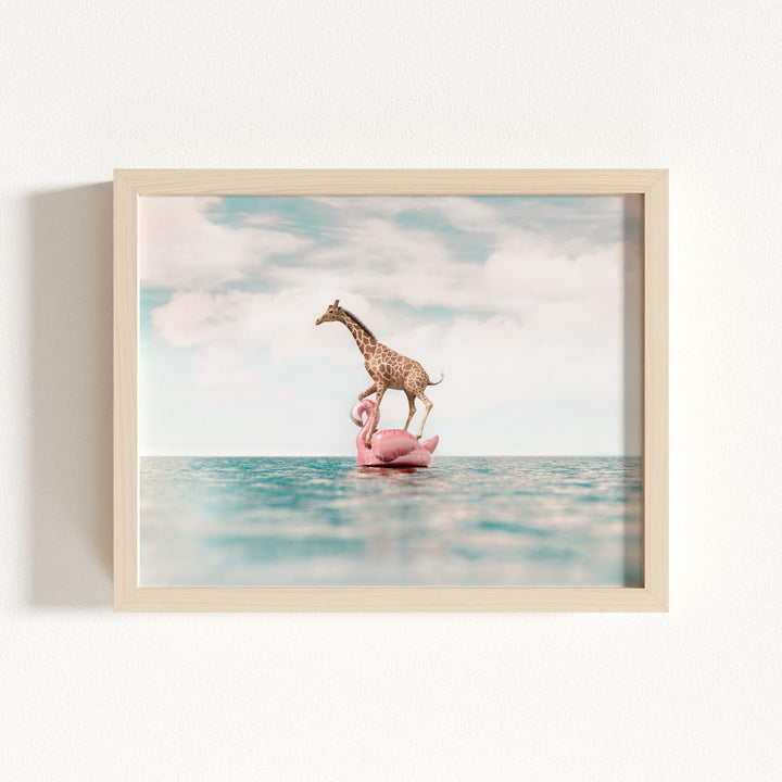 Giraffe Afloat a Flamingo