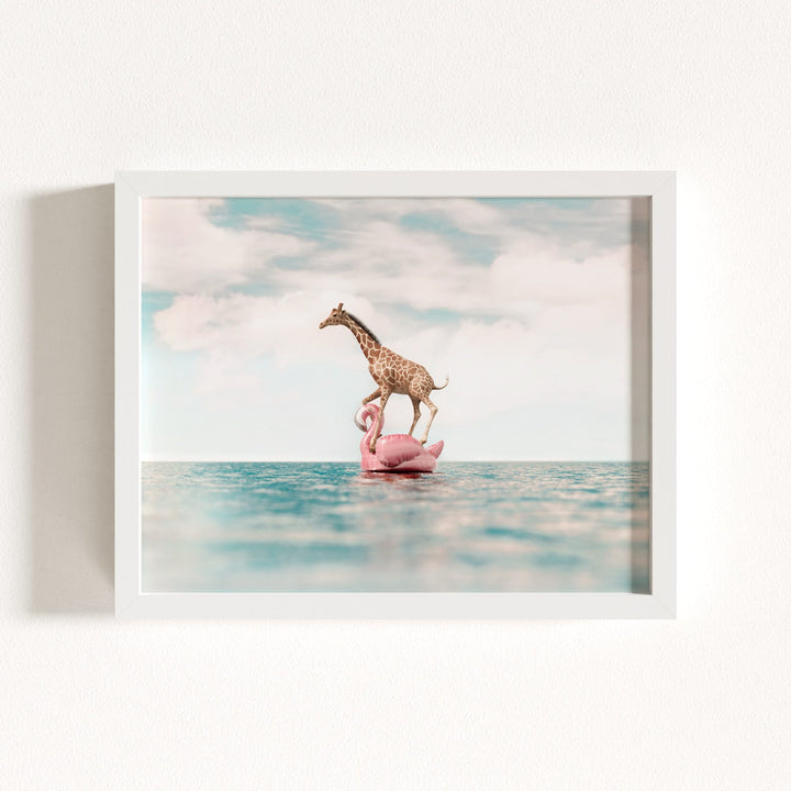 Giraffe Afloat a Flamingo