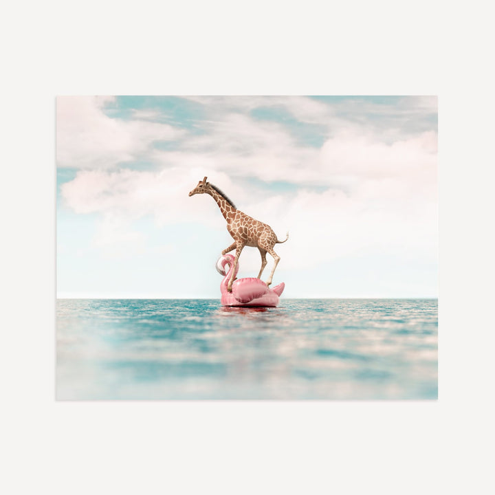 Giraffe Afloat a Flamingo