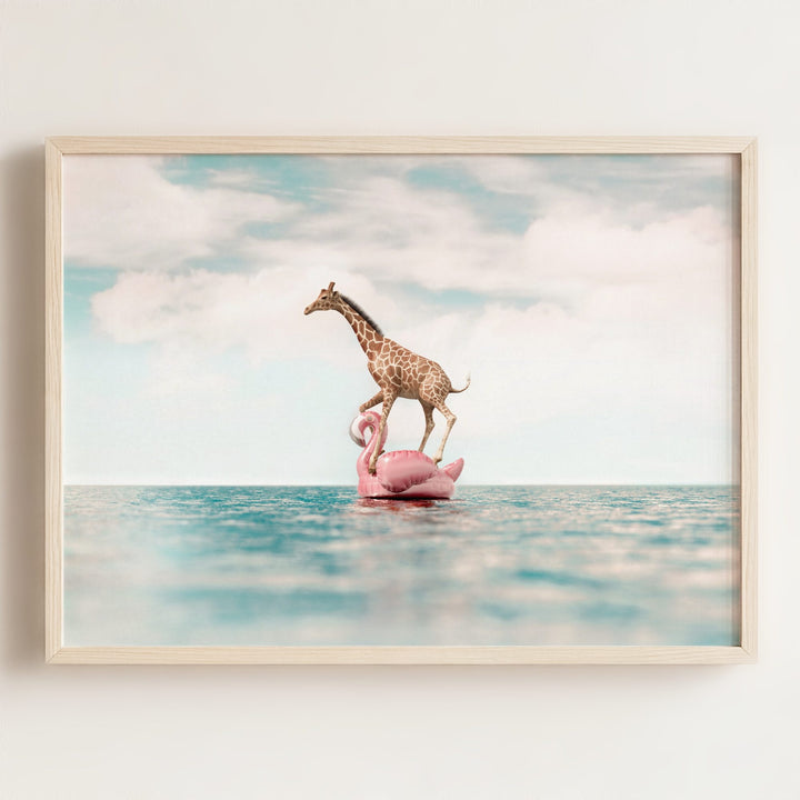 Giraffe Afloat a Flamingo