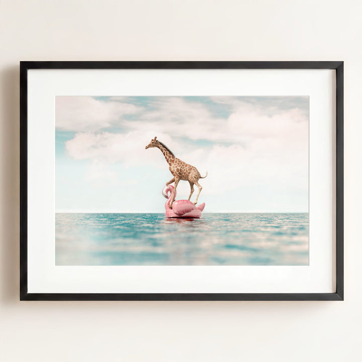 Giraffe Afloat a Flamingo