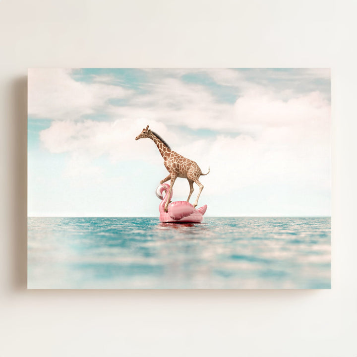 Giraffe Afloat a Flamingo