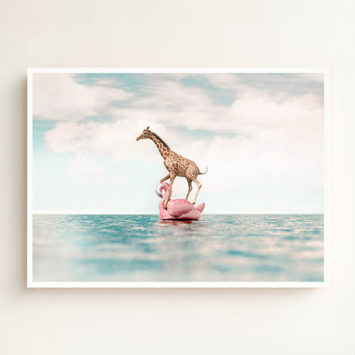 Giraffe Afloat a Flamingo