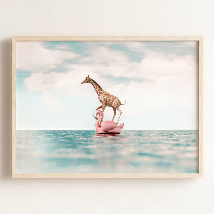 Giraffe Afloat a Flamingo