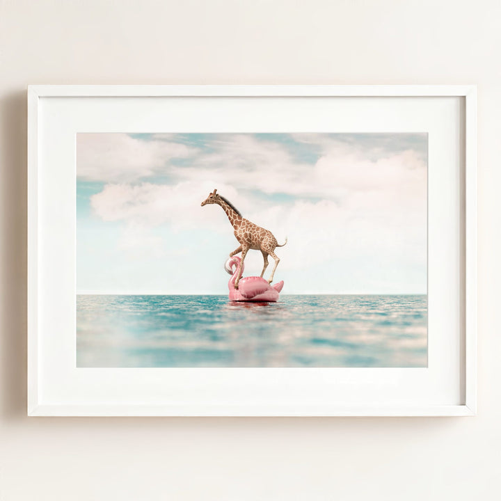 Giraffe Afloat a Flamingo