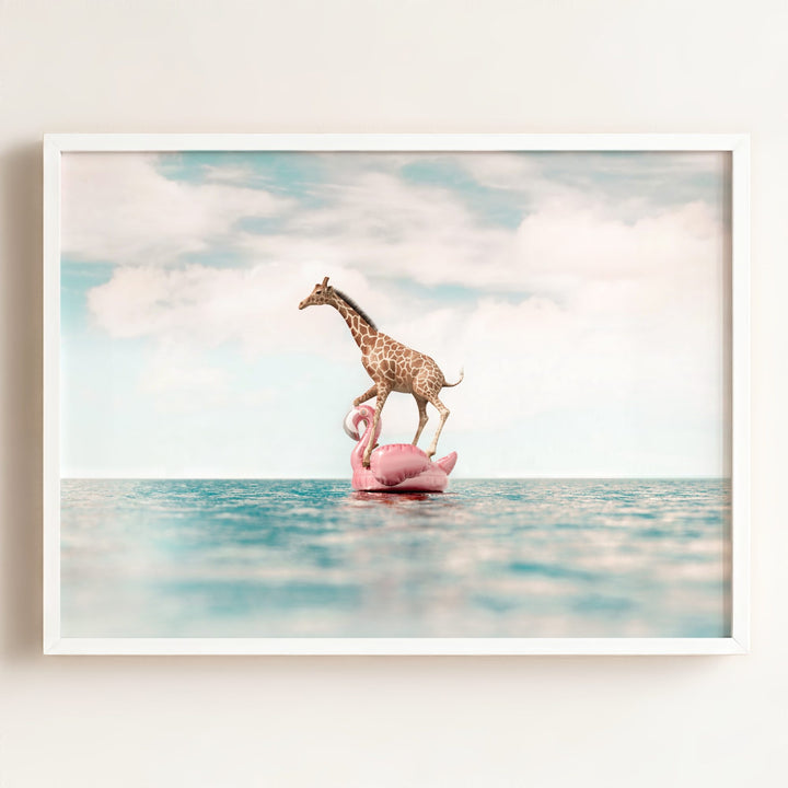 Giraffe Afloat a Flamingo