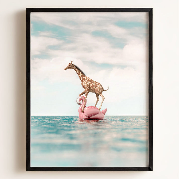 Giraffe Afloat a Flamingo