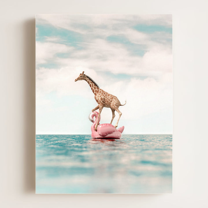 Giraffe Afloat a Flamingo