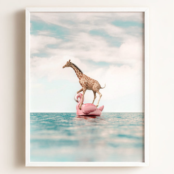 Giraffe Afloat a Flamingo