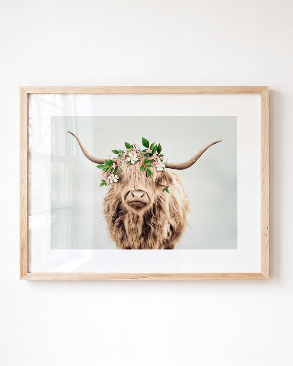 Highland Cow with Flower Crown — Framed Art