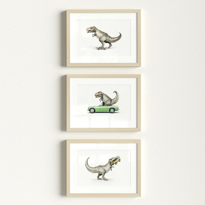 Three framed prints of a T-Rex in various poses on a white background | The Crown Prints