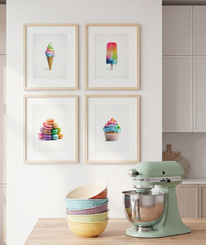 Colorful kitchen scene with framed artwork of ice cream, popsicle, macarons, and cupcake on a wall above a kitchen counter with a mixer and bowls. | The Crown Prints