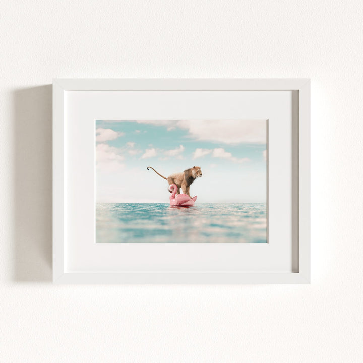 Lion Afloat a Flamingo