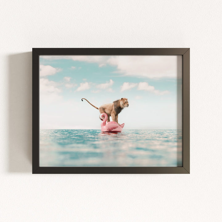 Lion Afloat a Flamingo