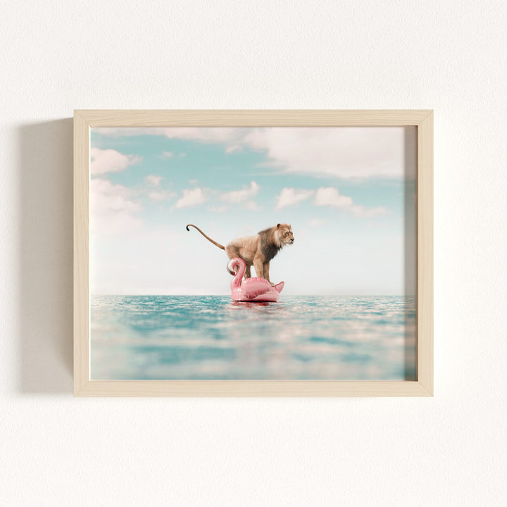 Lion Afloat a Flamingo