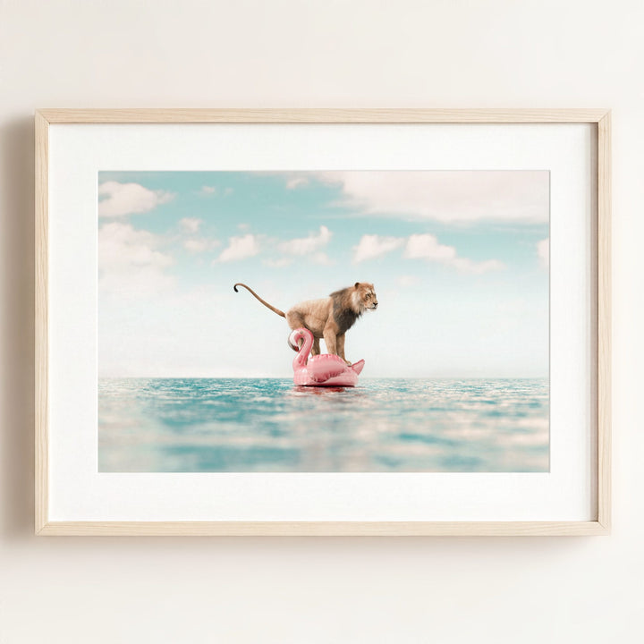 Lion Afloat a Flamingo