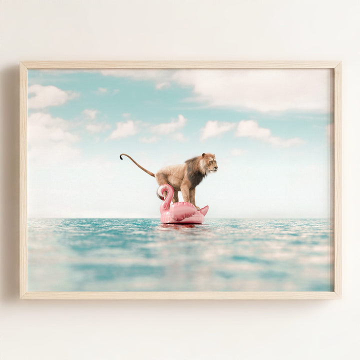 Lion Afloat a Flamingo