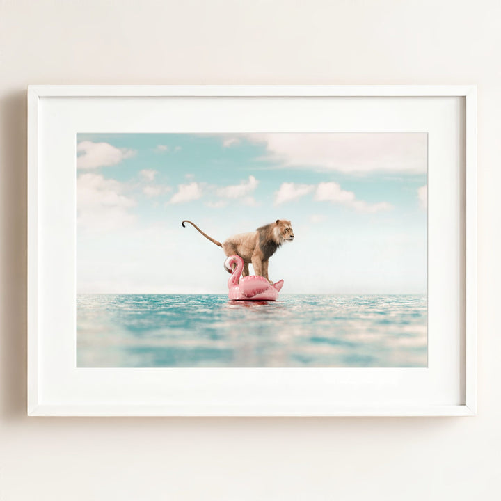 Lion Afloat a Flamingo