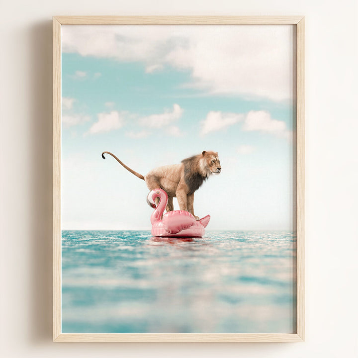 Lion Afloat a Flamingo