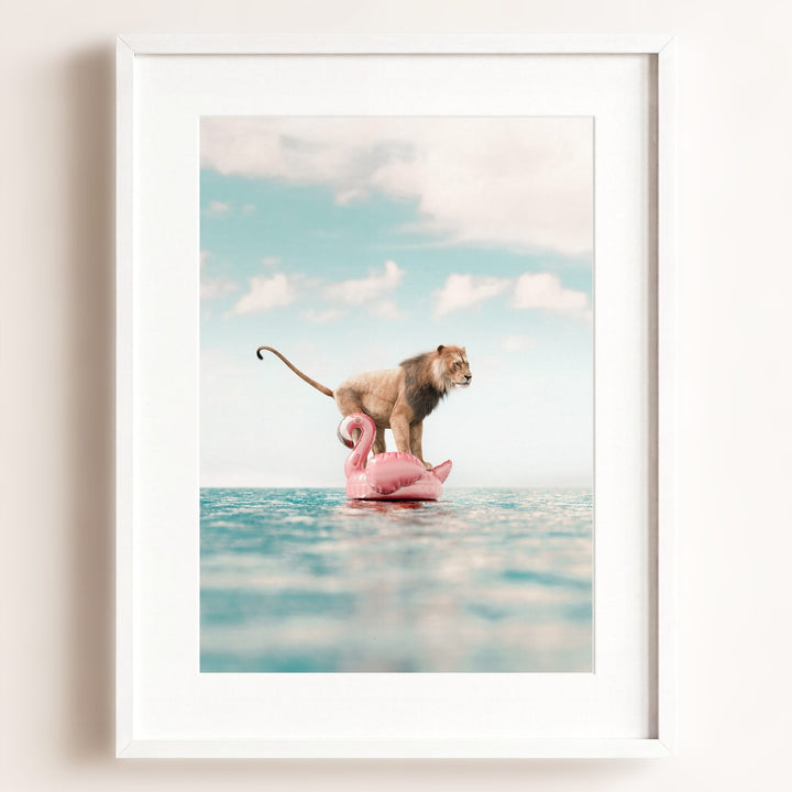 Lion Afloat a Flamingo