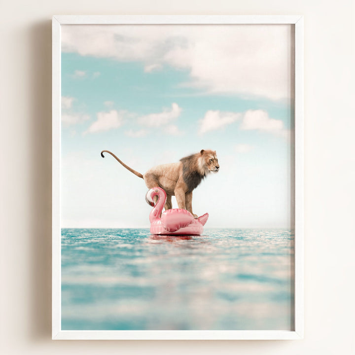 Lion Afloat a Flamingo