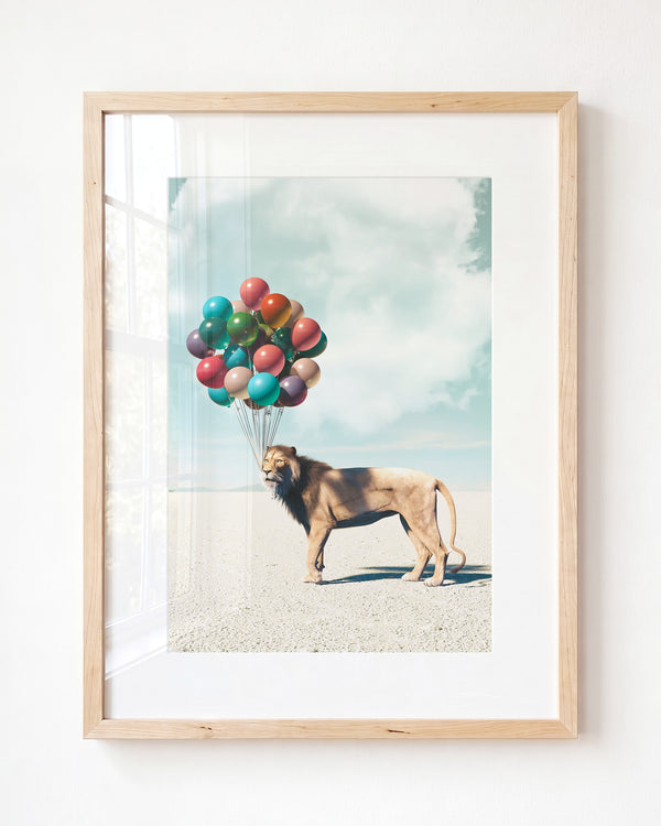 Lion with Balloons Art Print - Framed Art