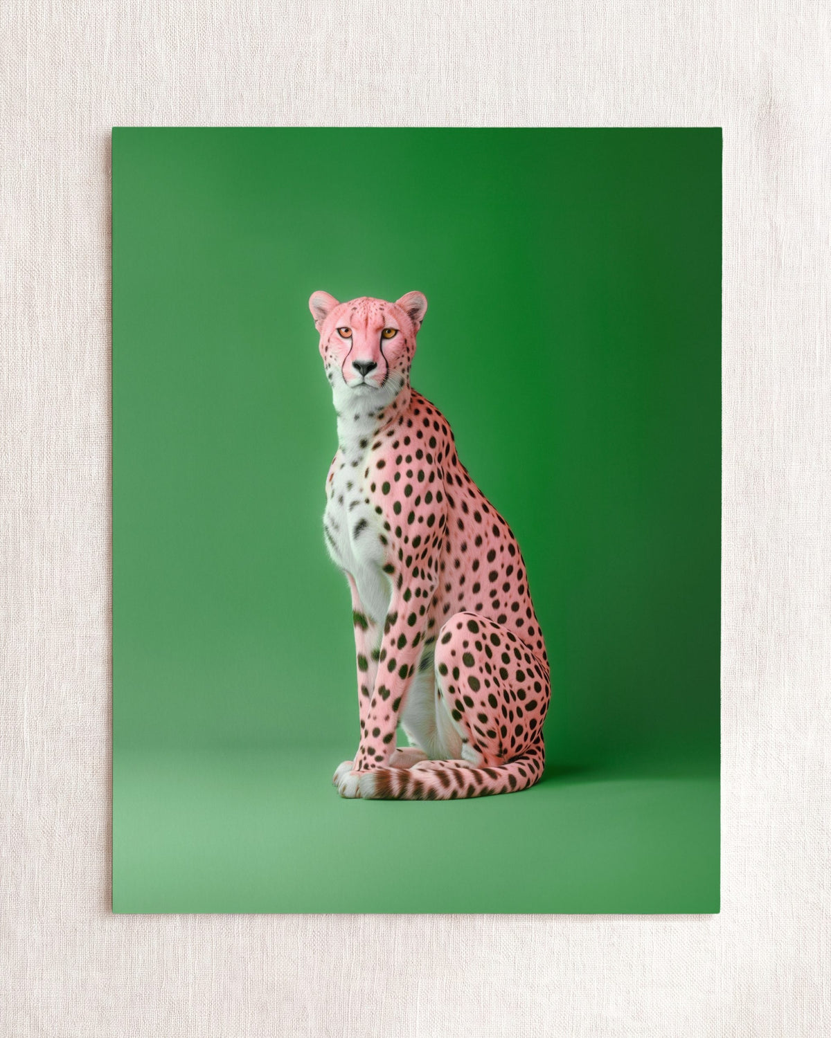 Portrait of a Pink Cheetah on Green Wall Art Print