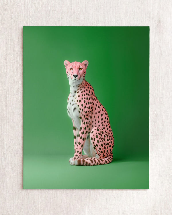 Portrait of a Pink Cheetah on Green Wall Art Print