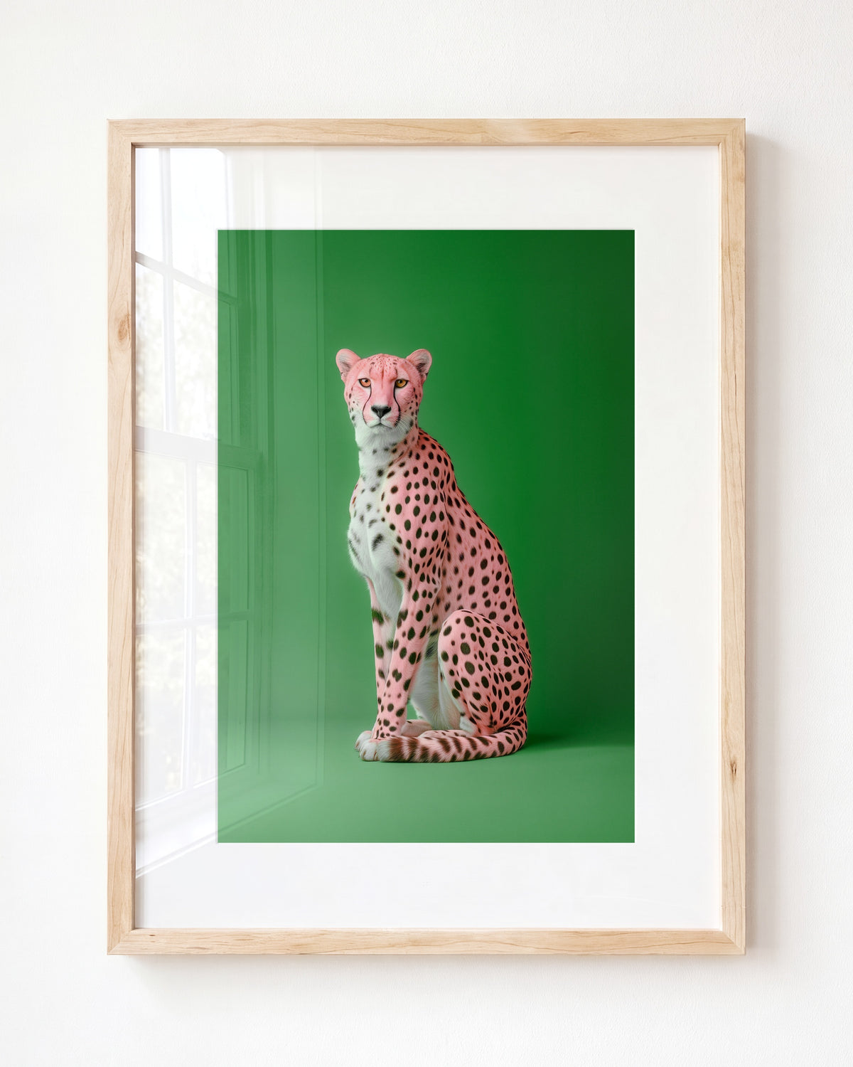 Portrait of a Pink Cheetah on Green Wall Art Print