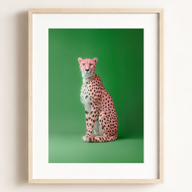 Portrait of a Pink Cheetah on Green Wall Art Print
