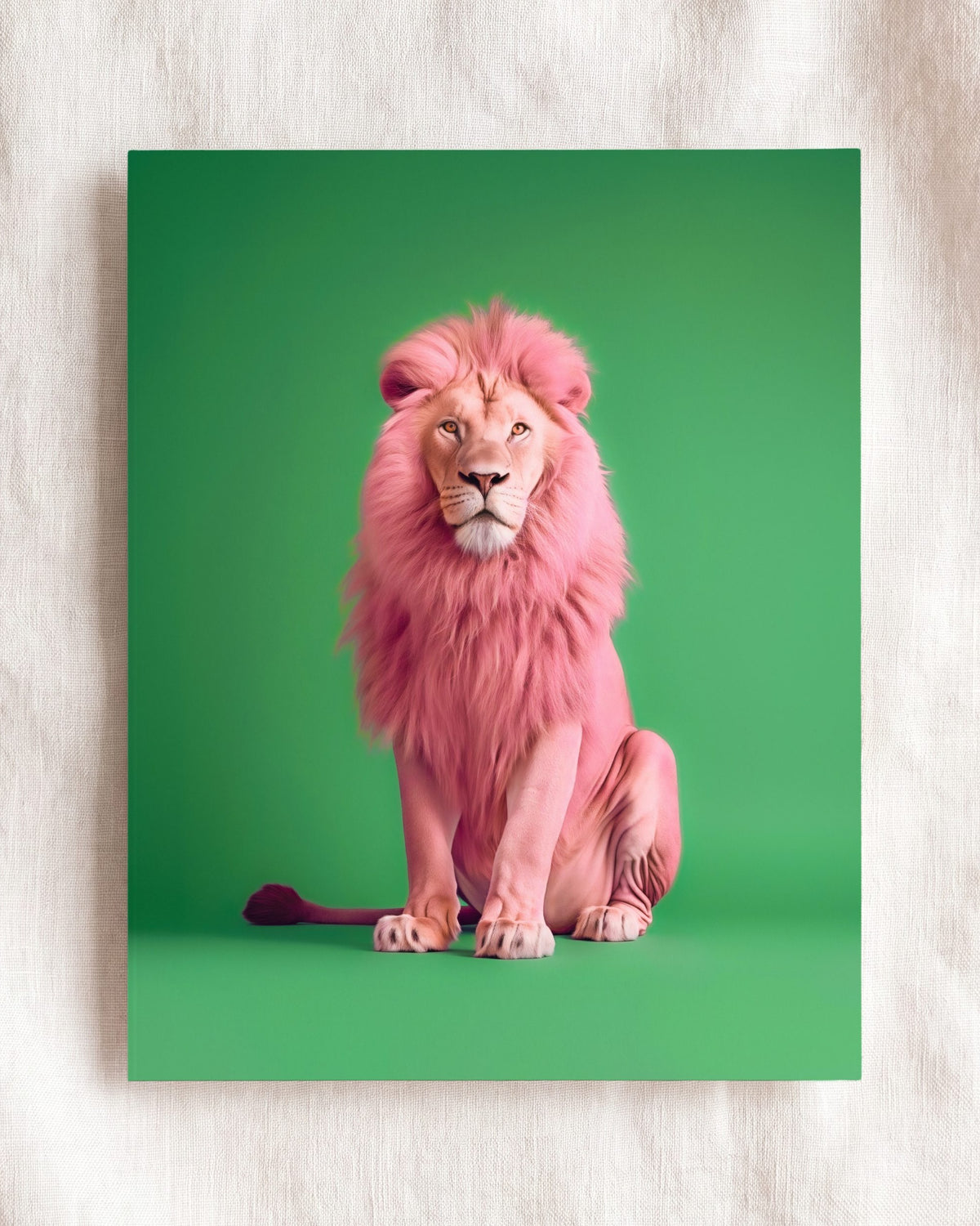 Portrait of a Pink Lion on Green Wall Art Print