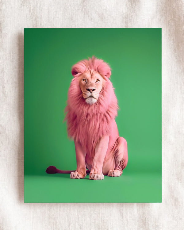 Portrait of a Pink Lion on Green Wall Art Print