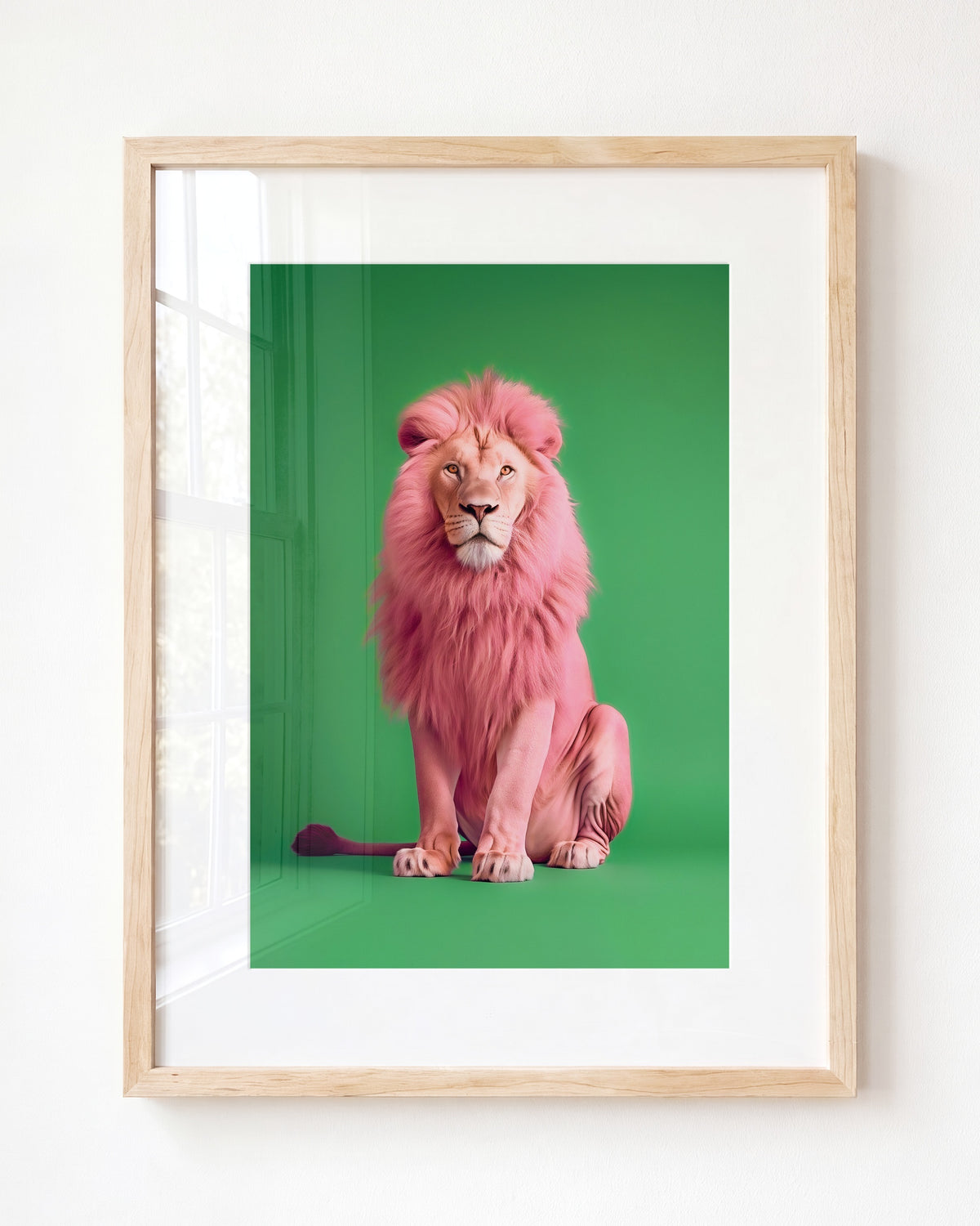 Portrait of a Pink Lion on Green Wall Art Print — Framed