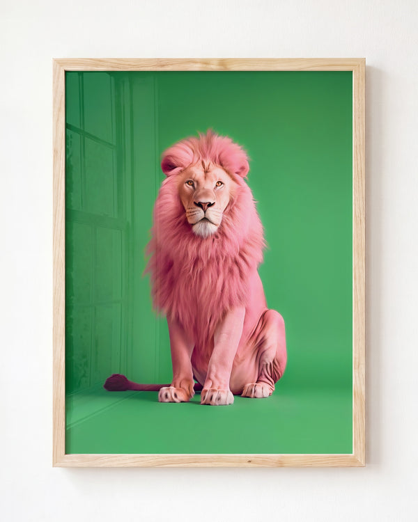 Portrait of a Pink Lion on Green Wall Art Print — Framed