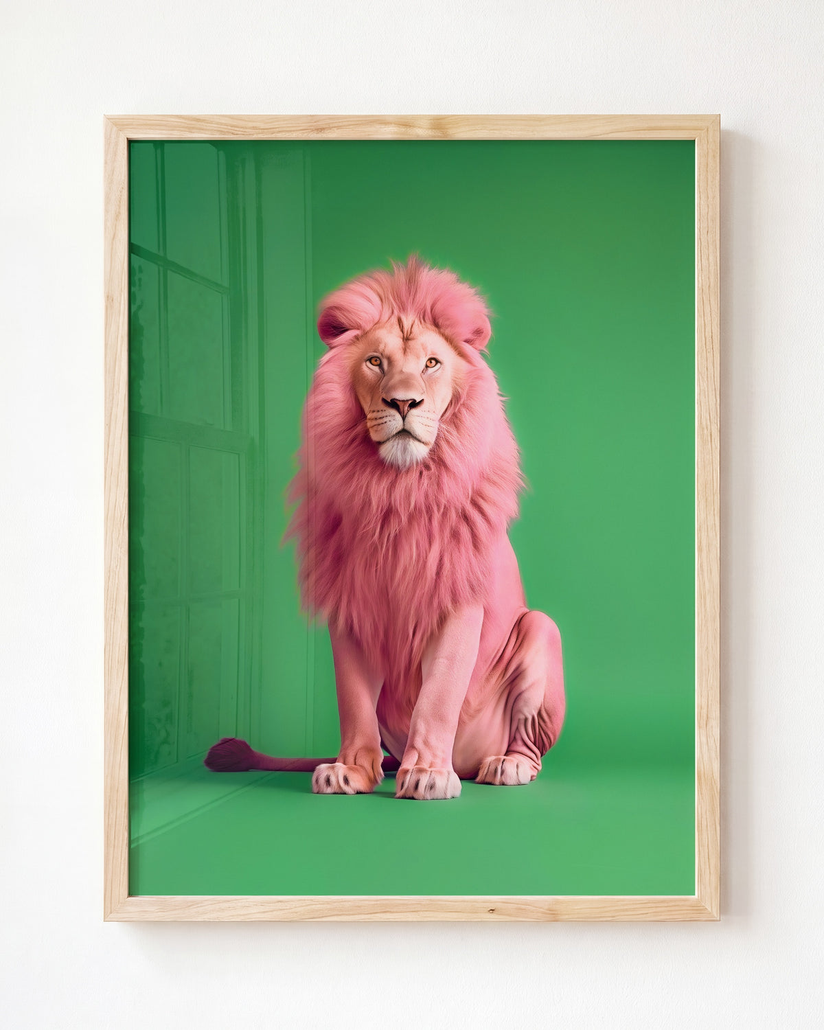Portrait of a Pink Lion on Green Wall Art Print - Framed Art