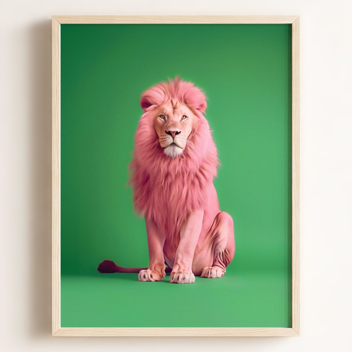 Portrait of a Pink Lion on Green Wall Art Print — Framed
