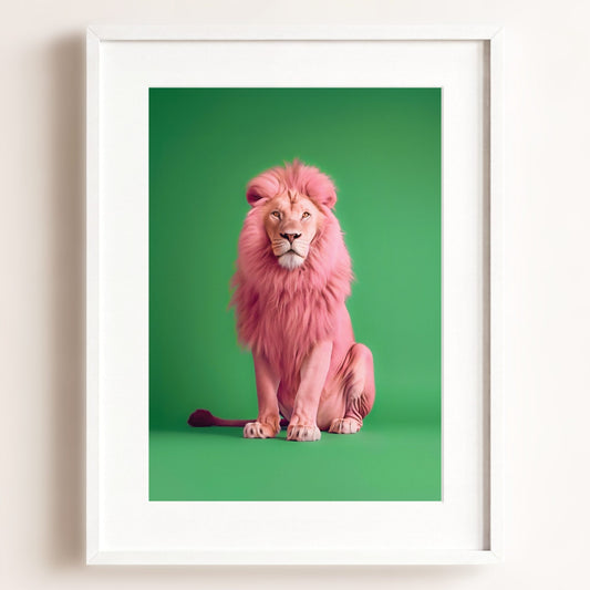 Portrait of a Pink Lion on Green Wall Art Print — Framed