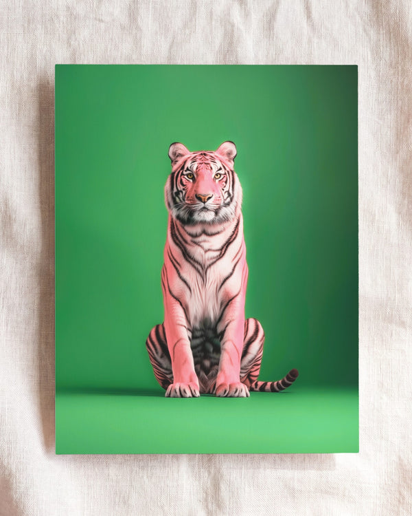 Portrait of a Pink Tiger on Green Wall Art Print