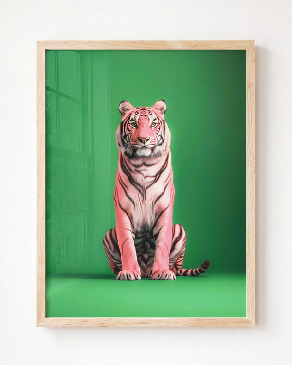 Portrait of a Pink Tiger on Green Wall Art Print - Framed Art