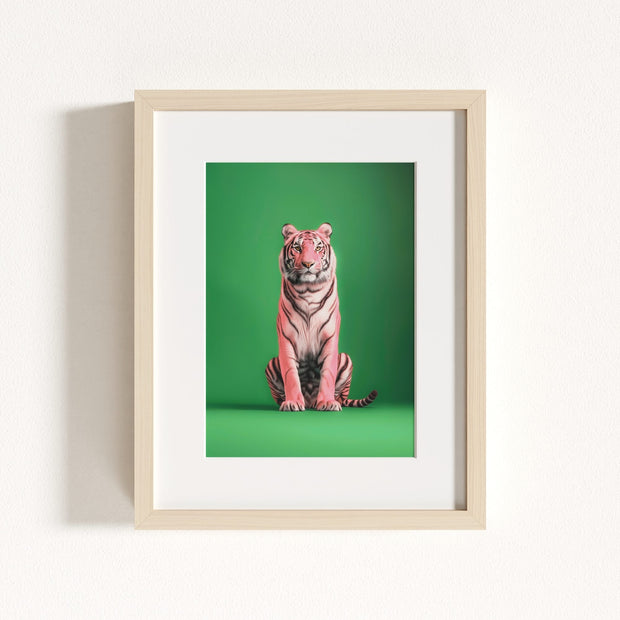 Portrait of a Pink Tiger on Green Wall Art Print