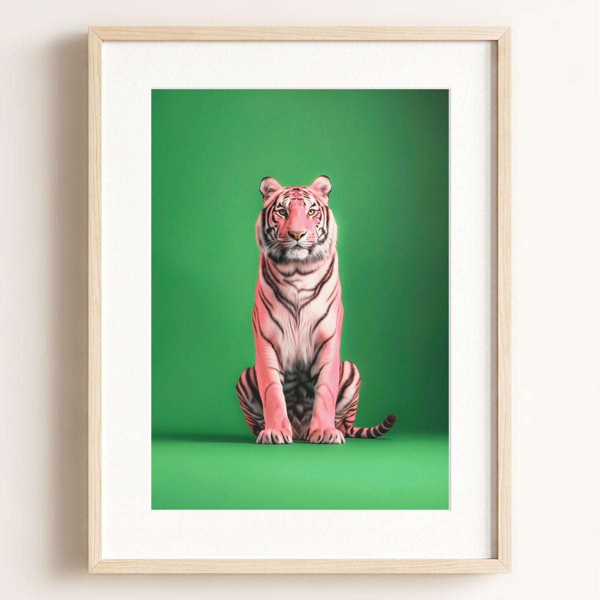 Portrait of a Pink Tiger on Green Wall Art Print — Framed