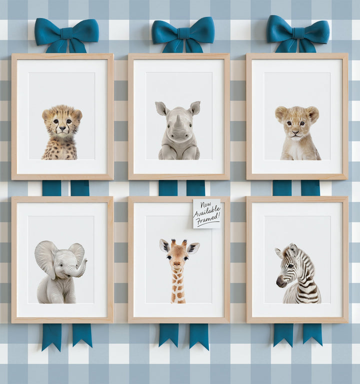 Framed Baby Safari Animals Nursery Decor - African Animals Set of 6