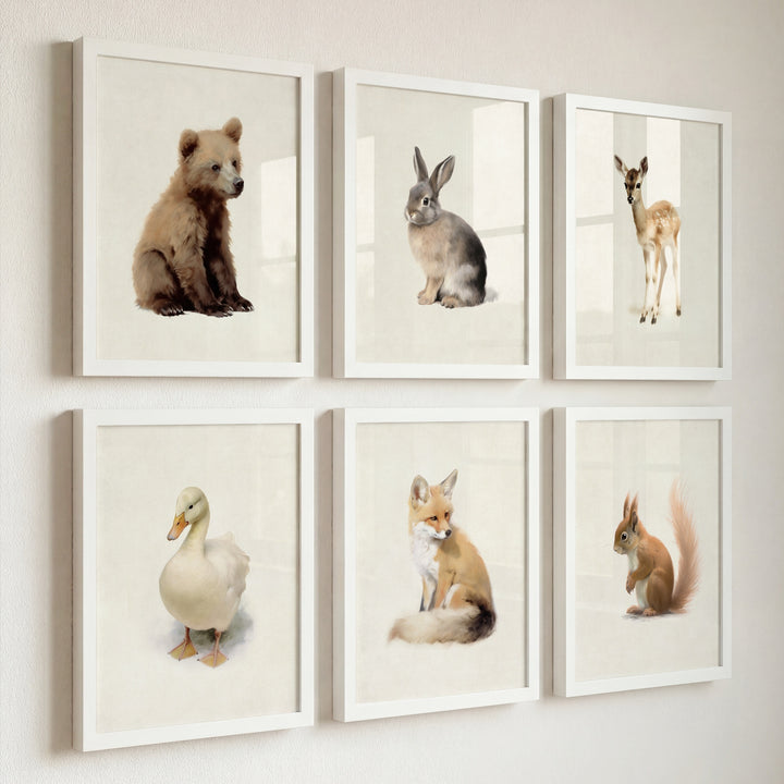 Painted storybook animals framed and hung on a wall - bear, rabbit, deer, duck, fox, squirrel | The Crown Prints