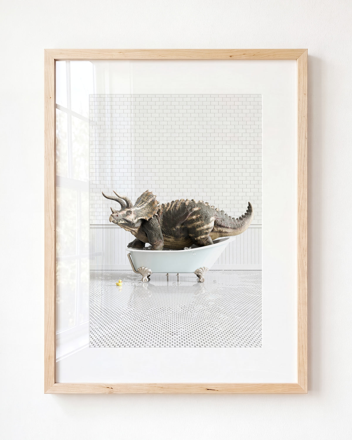 Triceratops in Blue Bathtub — Framed