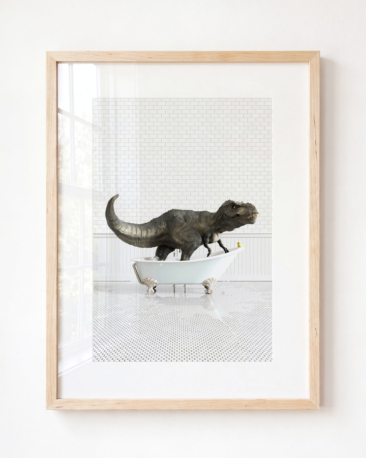 Tyrannosaurus Rex in Blue Bathtub - Framed Art