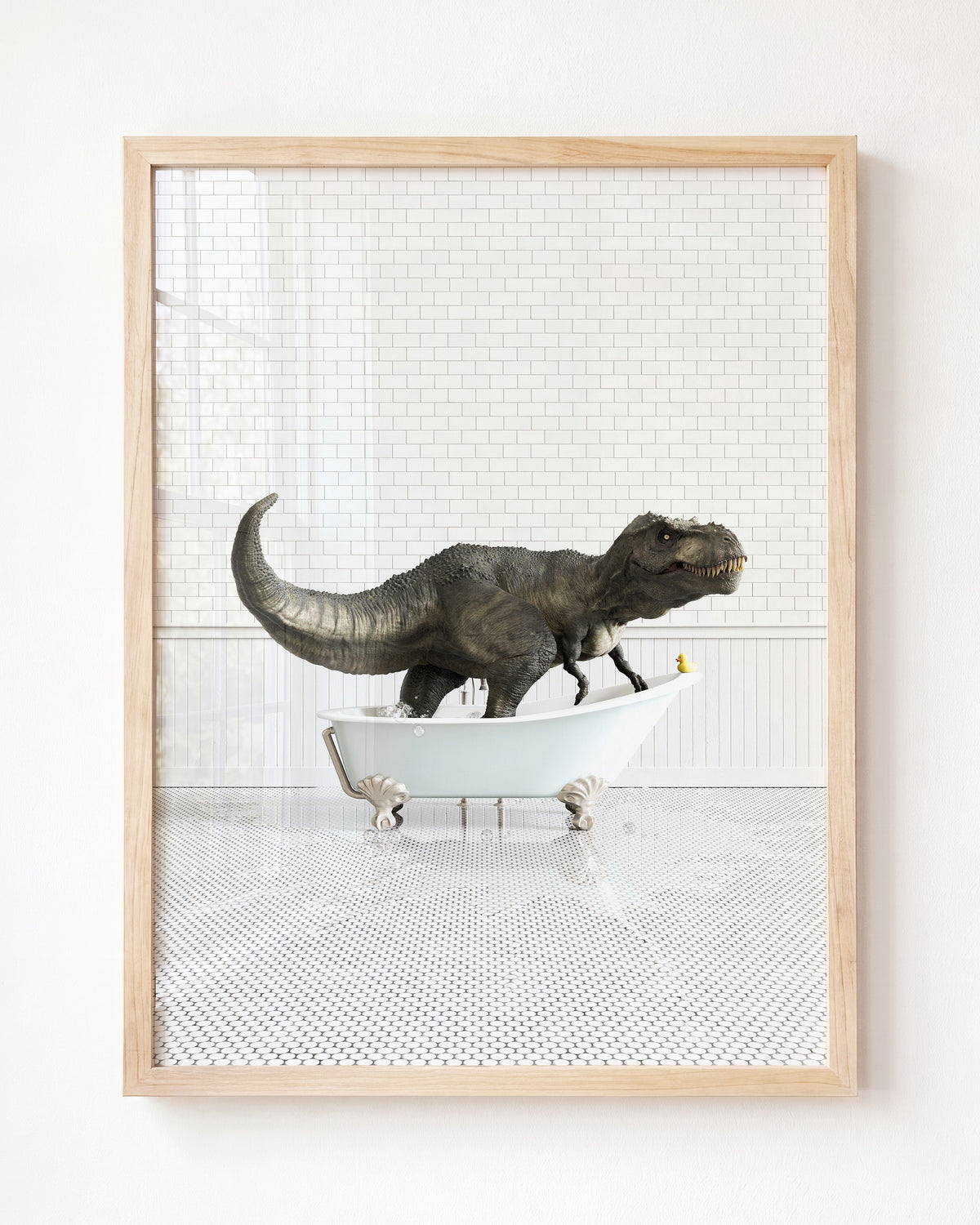 Tyrannosaurus Rex in Blue Bathtub - Framed Art