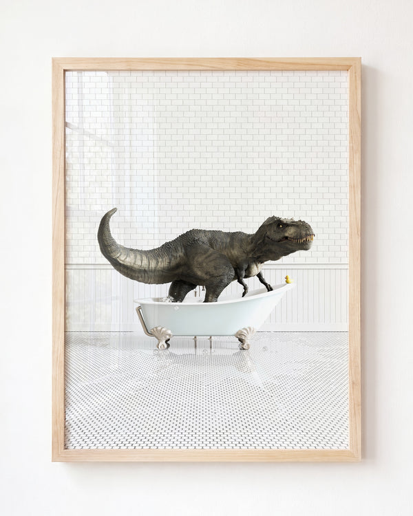 Tyrannosaurus Rex in Blue Bathtub - Framed Art