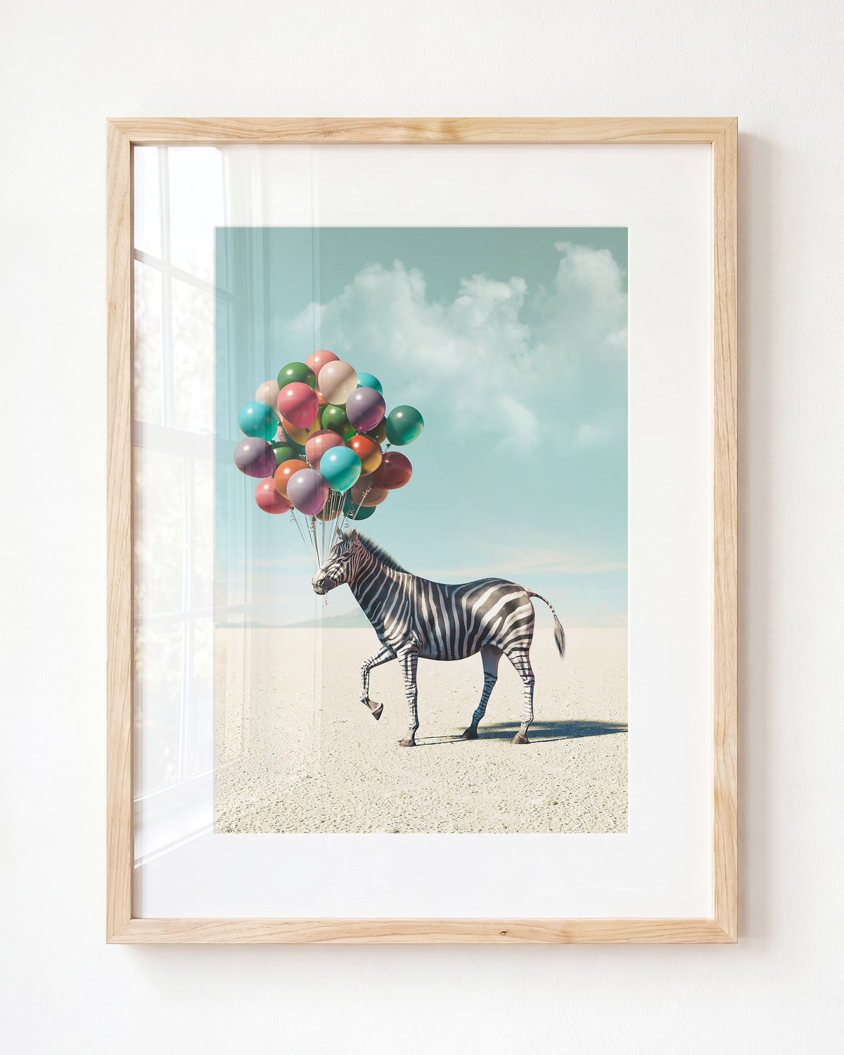 Zebra with Balloons Art Print - Framed Art